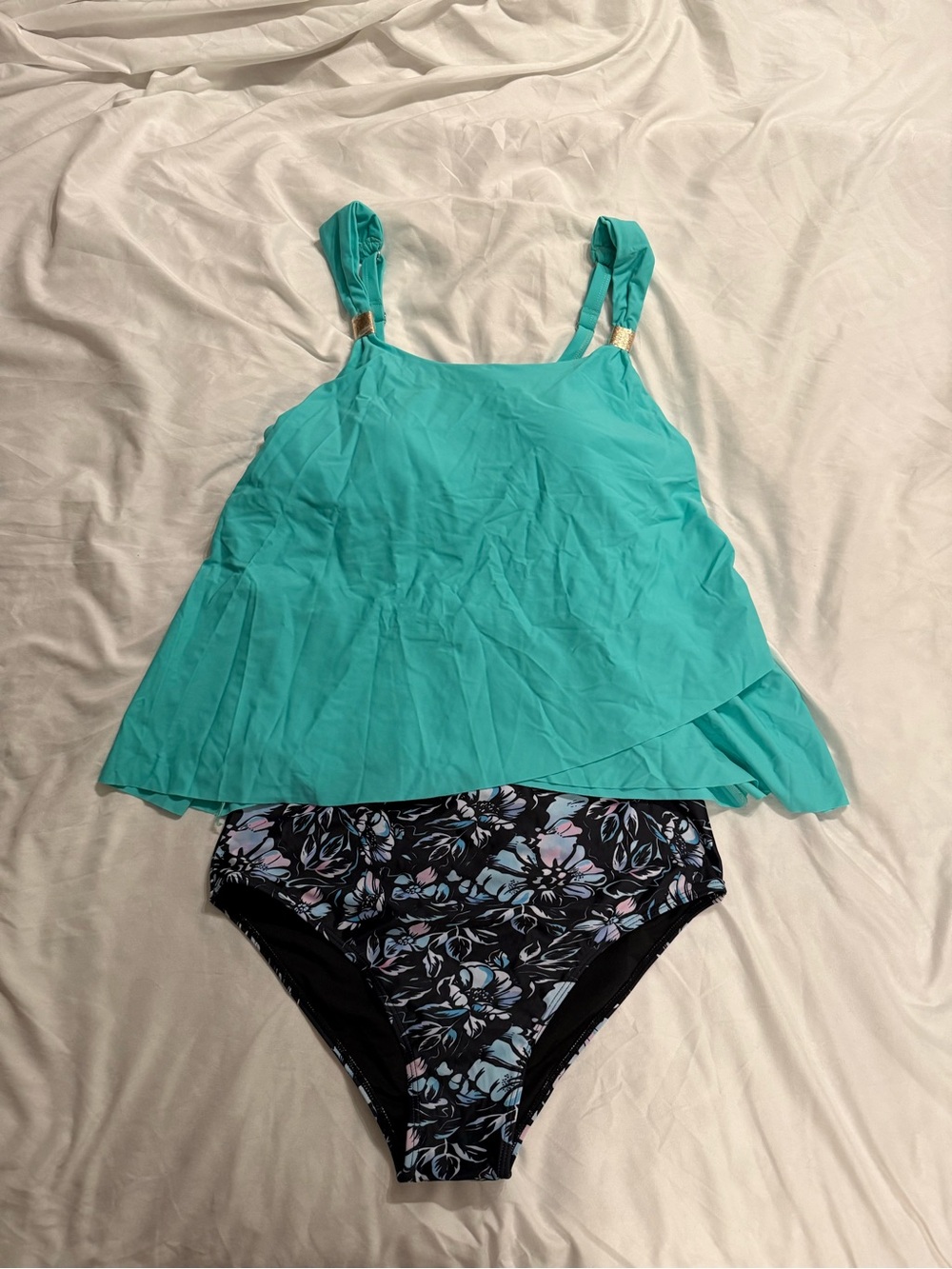 Tankini Flowy Teal Top Gold Accents Black Print high Waist Full Coverage Bottom